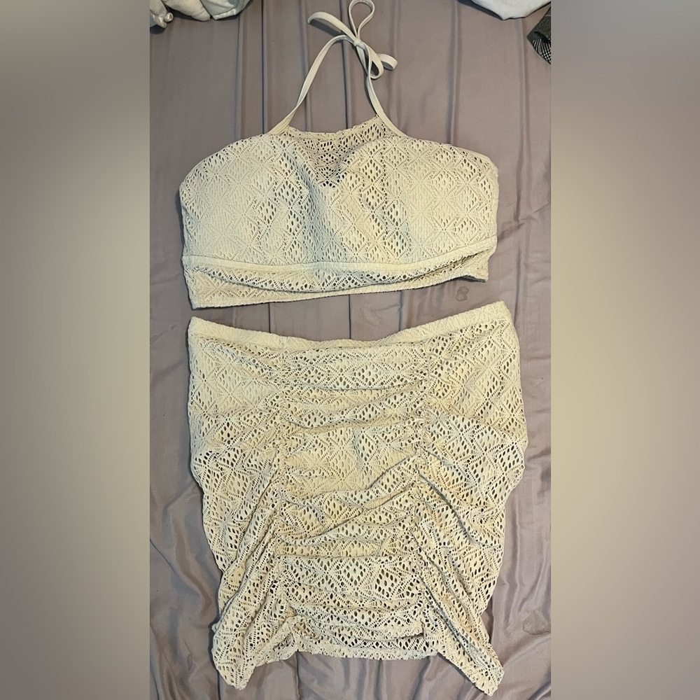 Torrid Size 2 Cream Colored Halter Top Two Piece Swimsuit With Skirted Bottom